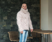 Pull Col Roulé Oversize en Mohair Tricoté Main Beige – Grosses Mailles T844M