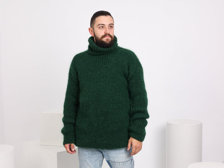 Chunky Green Mohair Sweater – Hand-Knitted Fluffy Turtleneck Jumper T1661