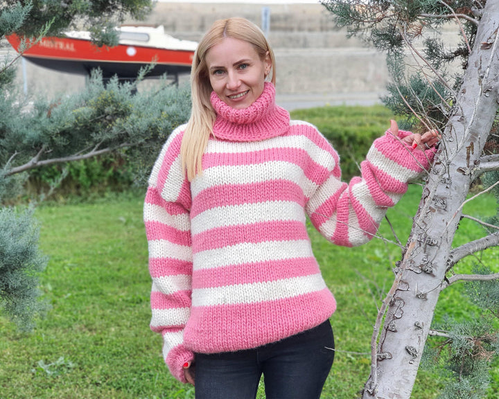 Wool Sweater Pink Striped Turtleneck, Hand Knitted Chunky 100% Wool Pullover T920