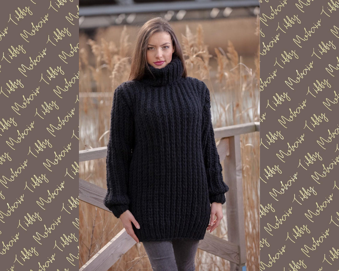 Wool Sweater Black, Hand Knitted 100% Wool Pullover T440