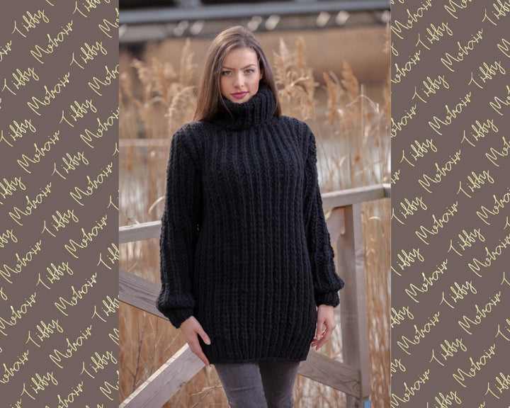 Wool Sweater Black, Hand Knitted 100% Wool Pullover T440