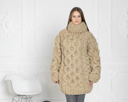 5-fädiger dicker beiger Wollpullover – Handgestrickter klobiger Zopfpullover T630W