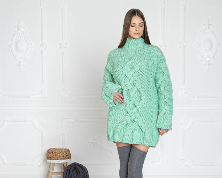 Mint Wool Cable Knit Sweater, Hand Knitted Chunky Jumper, Soft 100% Wool Pullover T626W