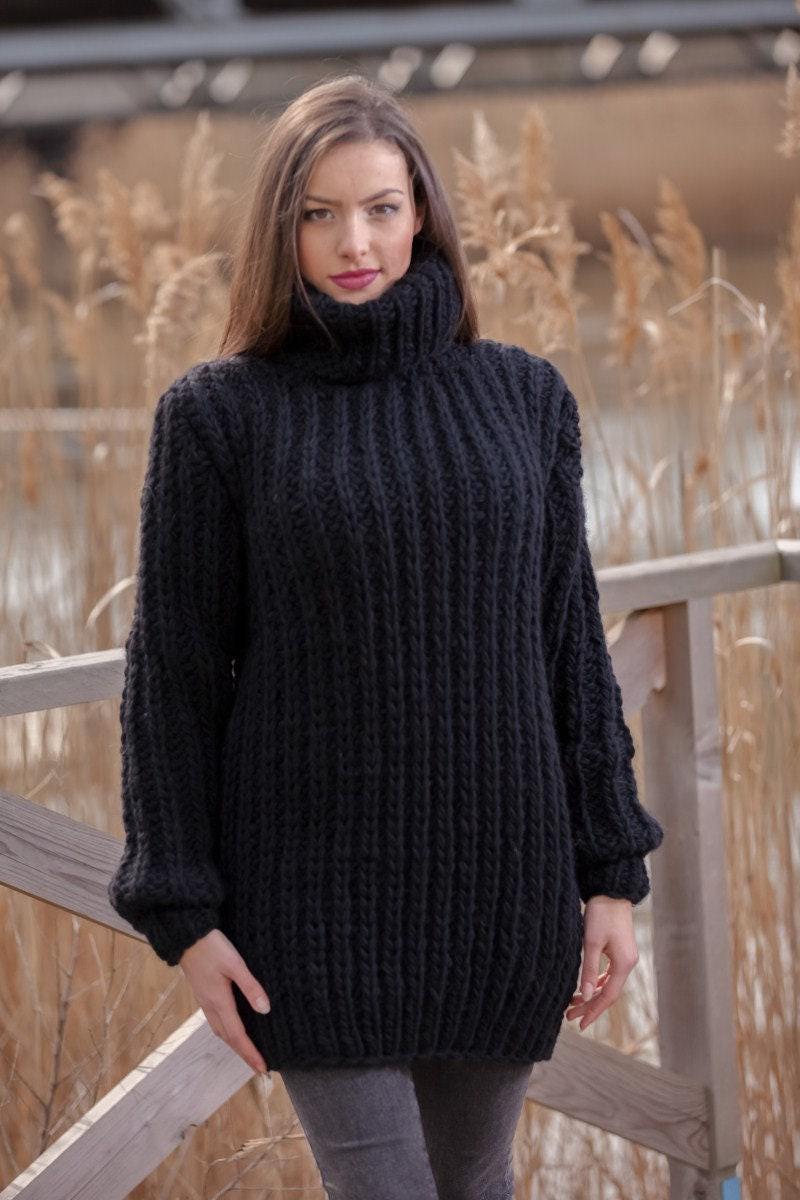Wool Sweater Black, Hand Knitted 100% Wool Pullover T440