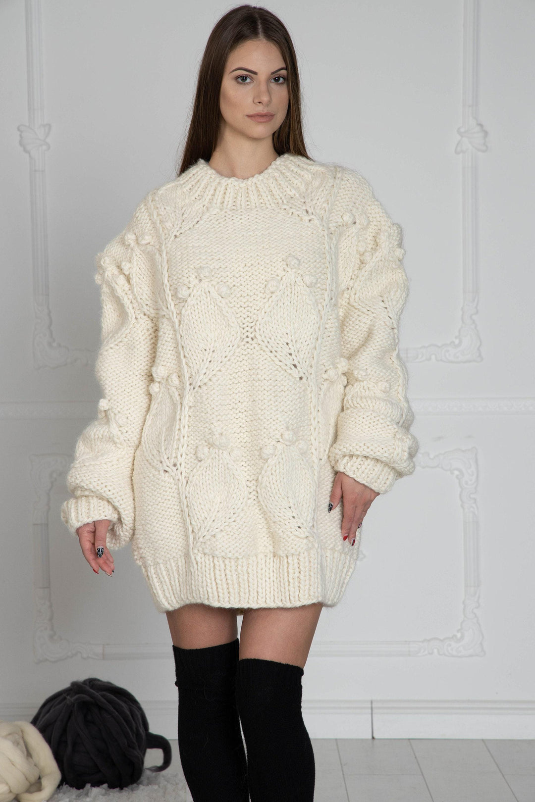 Wool Sweater Cream Cable Knit Turtleneck, Hand Knitted Chunky Wool Pullover T632W