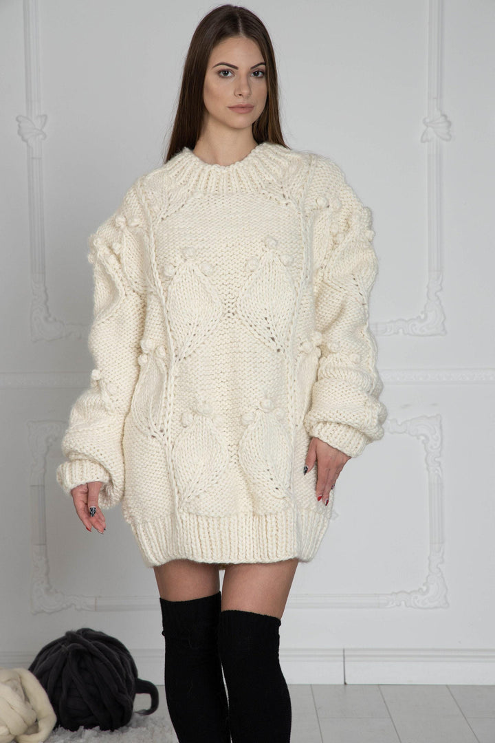 Wool Sweater Cream Cable Knit Turtleneck, Hand Knitted Chunky Wool Pullover T632W