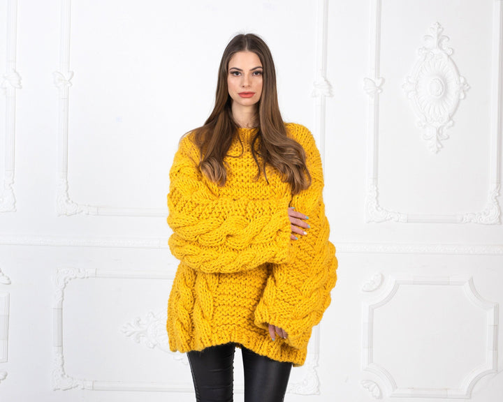 Yellow Cable Knit Wool Sweater – Hand-Knitted 100% Wool Pullover T961