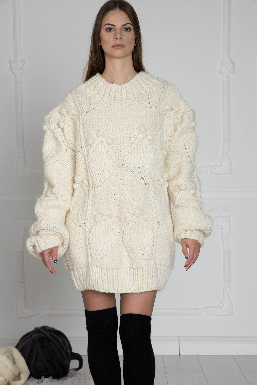 Wool Sweater Cream Cable Knit Turtleneck, Hand Knitted Chunky Wool Pullover T632W