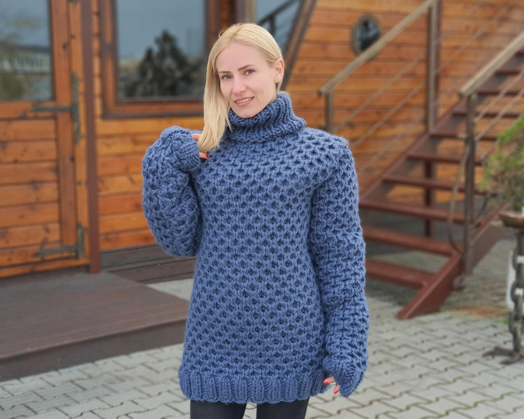 Eco Wool Sweater, Hand Knitted Honeycomb Wool Jumper, Natural Fiber Chunky Pullover T923
