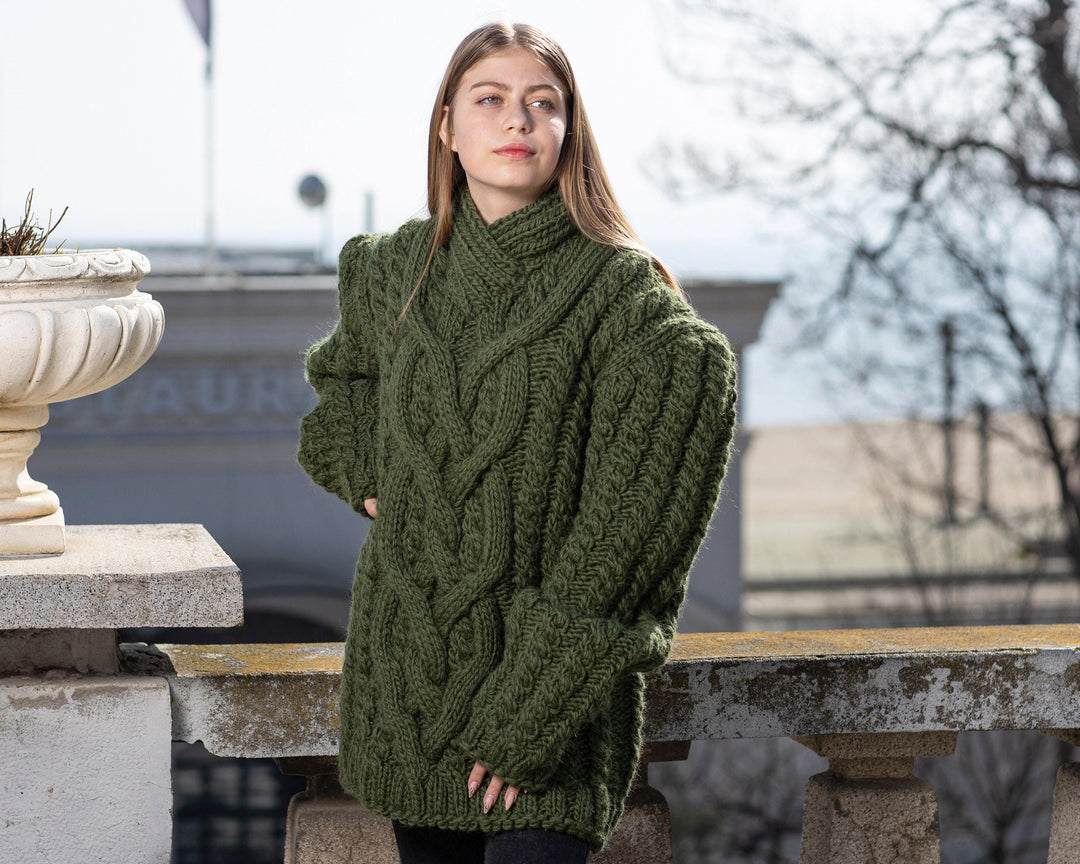 Green Cable Knit Sweater, Hand Knitted 100% Wool Jumper, V-Neck Chunky Pullover T1028