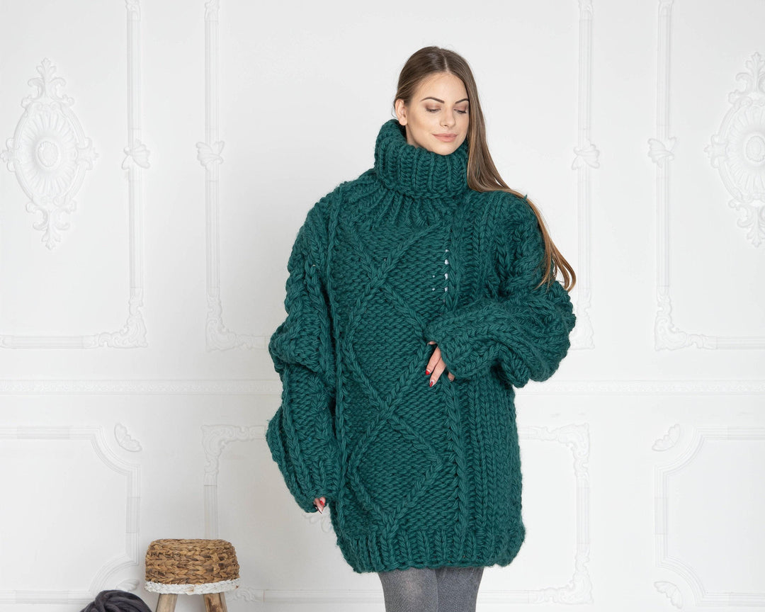 5-Strand Thick Wool Sweater – Hand-Knitted Green Cable Pullover T629W