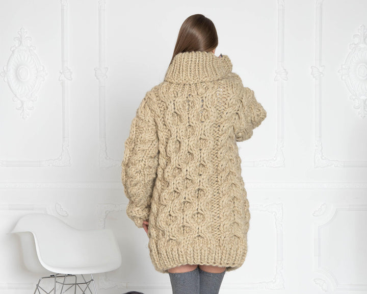 5-Strand Thick Beige Wool Sweater – Hand-Knitted Chunky Cable Pullover T630W