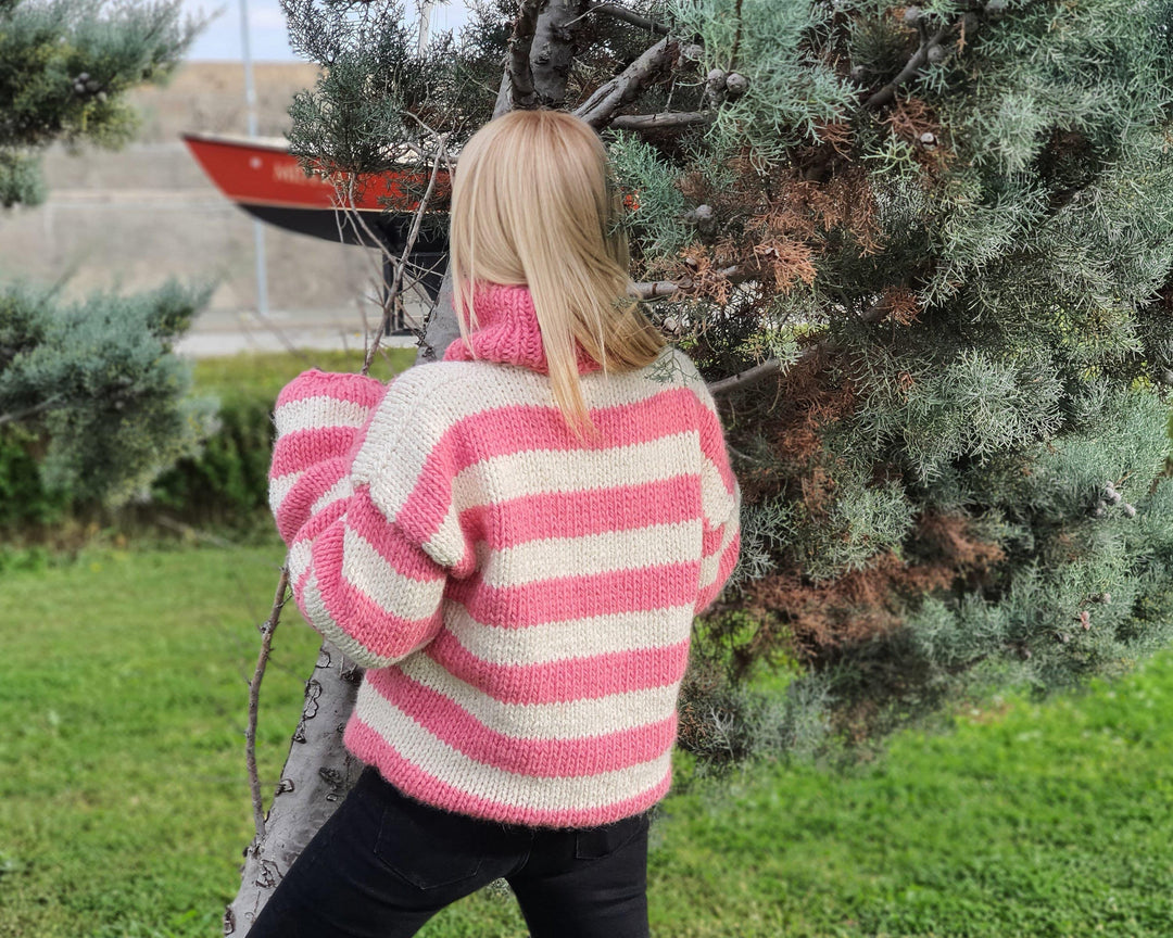 Wool Sweater Pink Striped Turtleneck, Hand Knitted Chunky 100% Wool Pullover T920