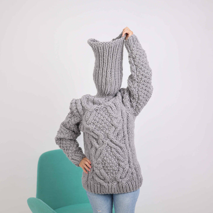 Gray Chunky Cable Knit Sweater – Hand-Knitted Wool Pullover with Extra-High 50 cm Turtleneck T1877