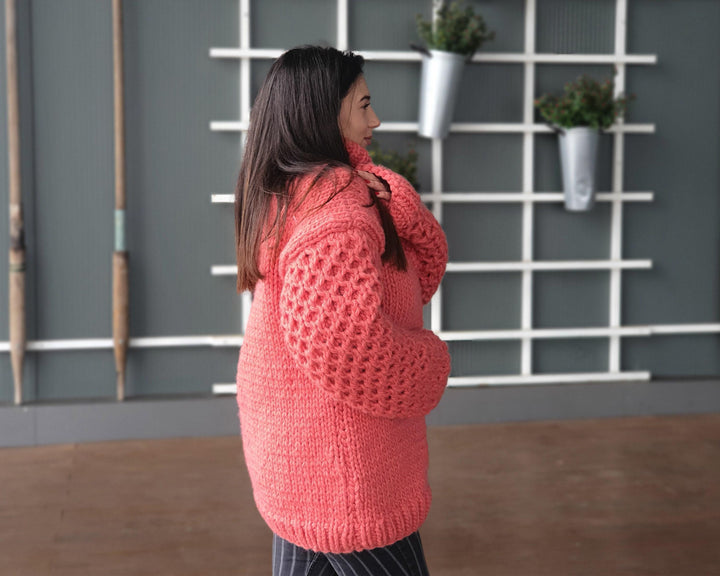 Salmon Pink Wool Sweater, Hand Knitted Honeycomb Jumper, Chunky 100% Wool Pullover T937