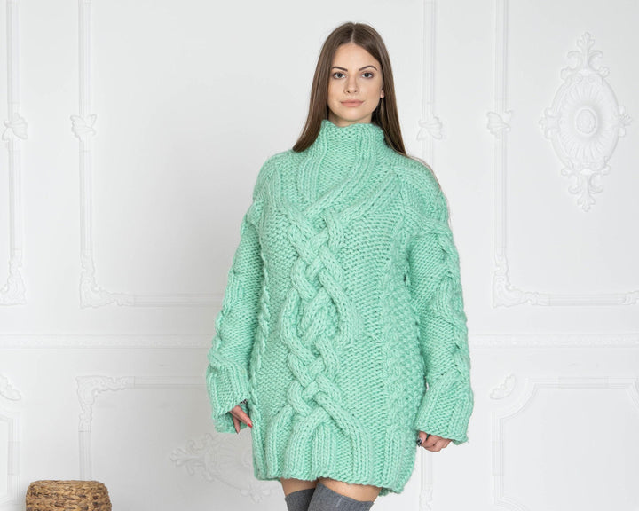 Mint Wool Cable Knit Sweater, Hand Knitted Chunky Jumper, Soft 100% Wool Pullover T626W
