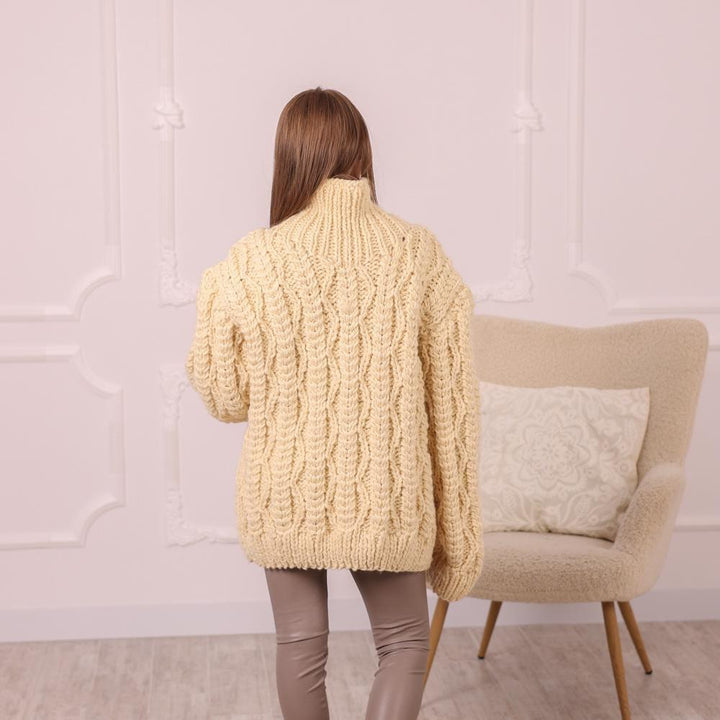 Wool Sweater Cream Cable Knit Turtleneck, Hand Knitted 100% Wool Chunky Pullover T2006