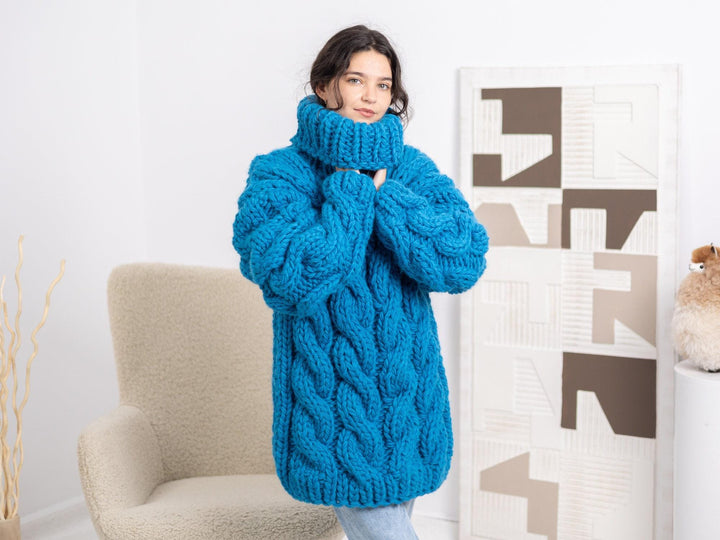 5-Strand Thick Blue Wool Sweater – Huge Chunky Knit Woolen Pullover T1666