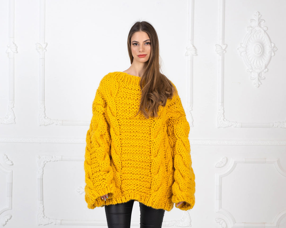 Yellow Cable Knit Wool Sweater – Hand-Knitted 100% Wool Pullover T961
