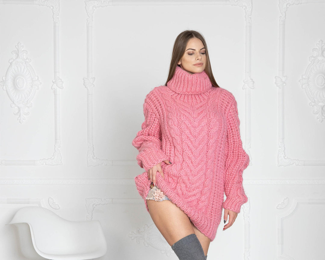Wool Sweater Pink Cable Knit Turtleneck, Hand Knitted Virgin Wool Pullover T625