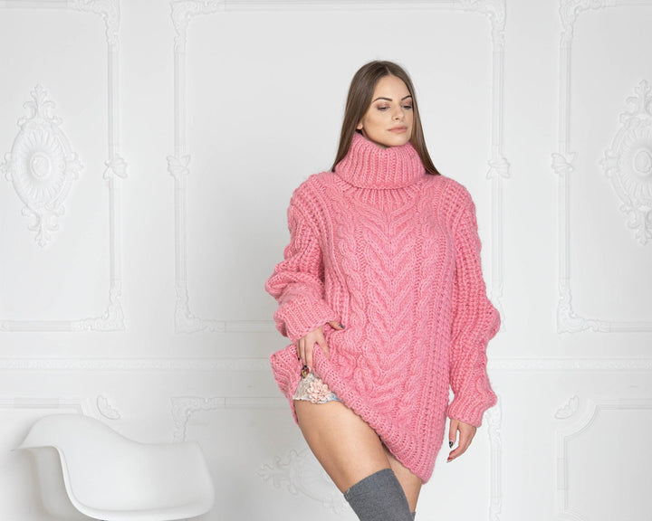 Wool Sweater Pink Cable Knit Turtleneck, Hand Knitted Virgin Wool Pullover T625