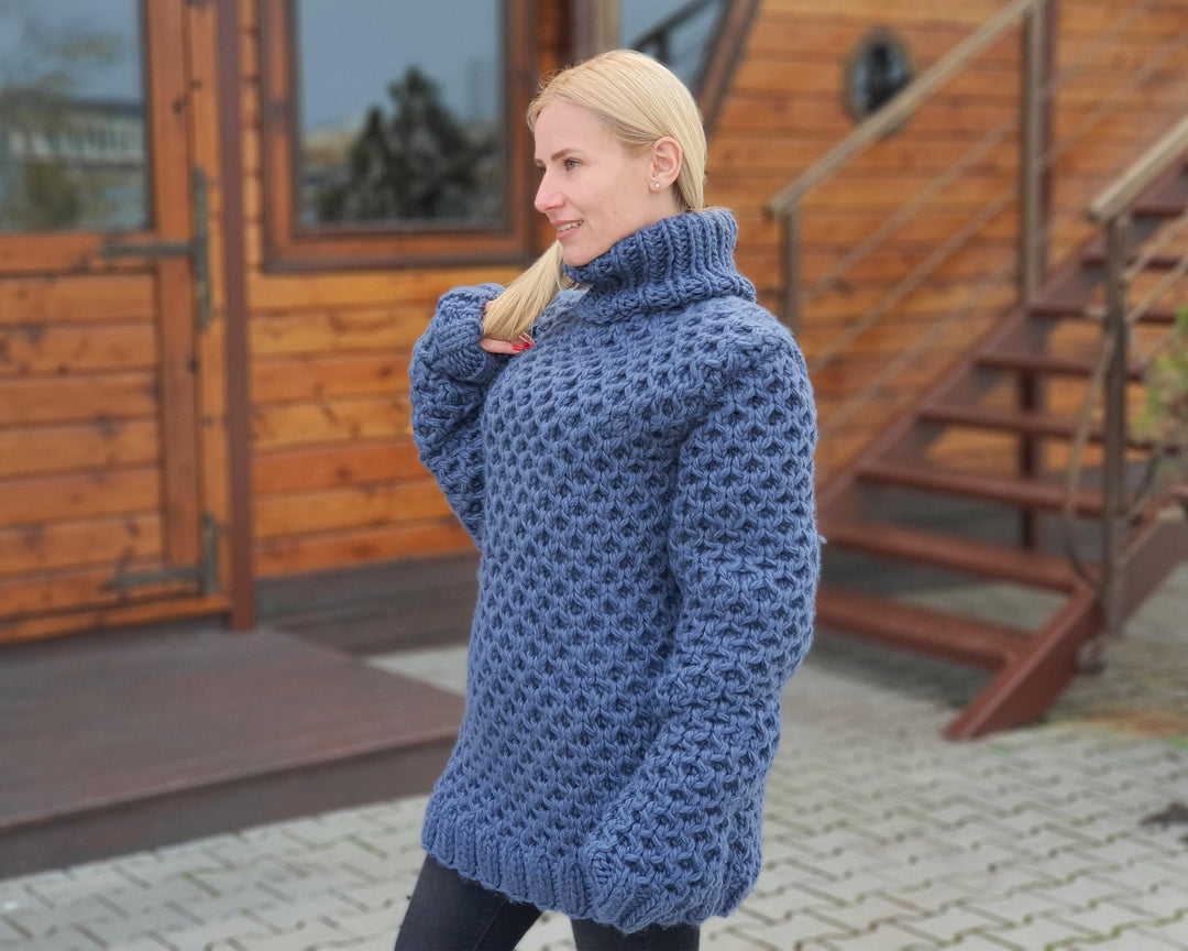 Eco Wool Sweater, Hand Knitted Honeycomb Wool Jumper, Natural Fiber Chunky Pullover T923