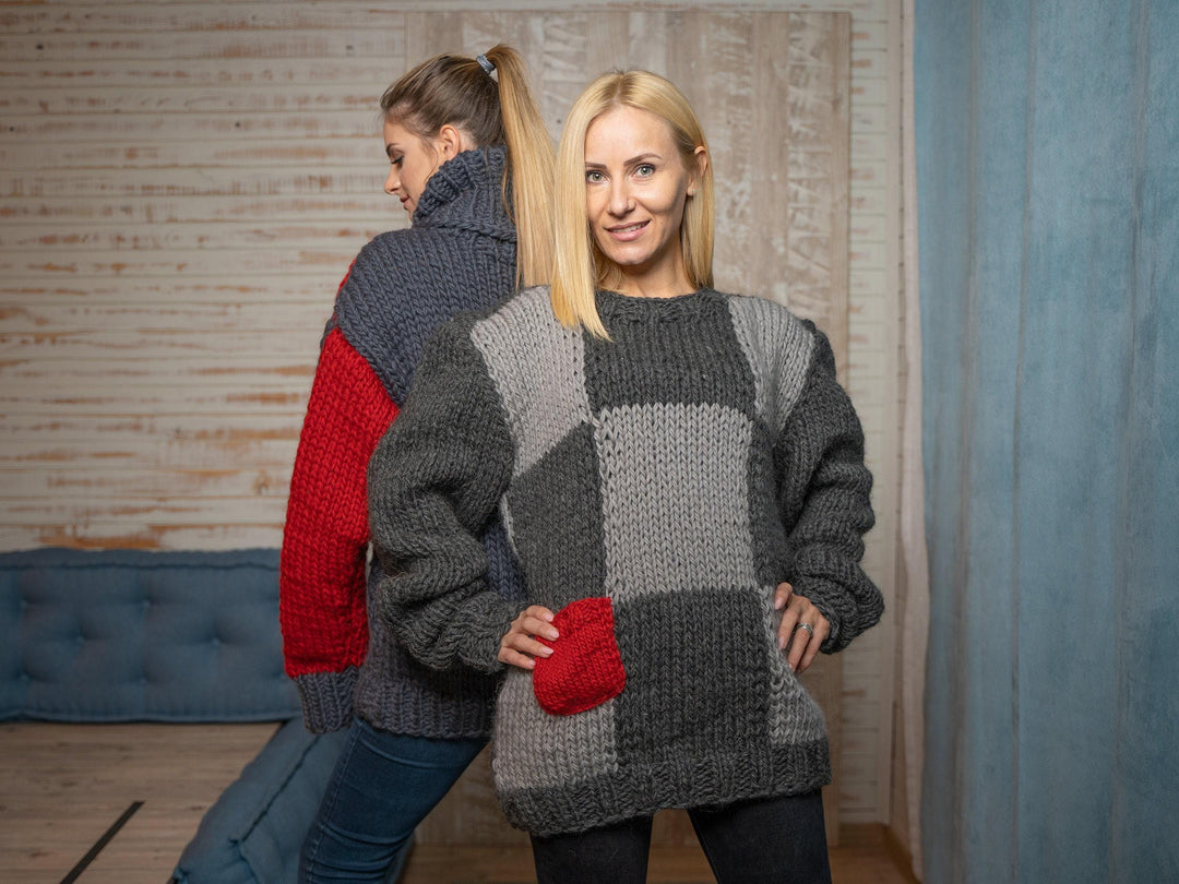 Wool Sweater with Squares Pattern, Hand Knitted 100% Soft Wool Pullover T1108