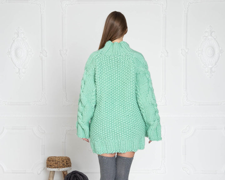 Mint Wool Cable Knit Sweater, Hand Knitted Chunky Jumper, Soft 100% Wool Pullover T626W