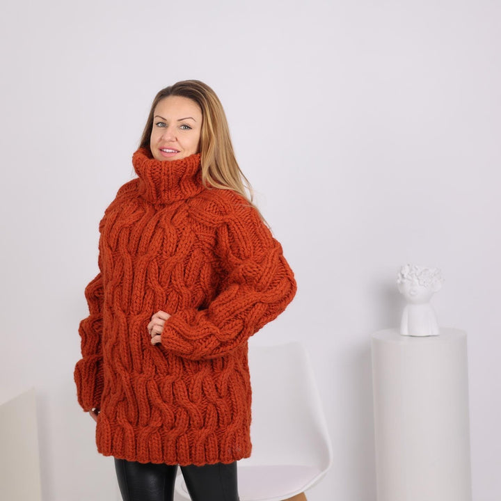 Chunky Cable Knit Wool Sweater, Hand Knitted 100% Wool Turtleneck Pullover, T1786