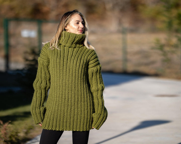 Wool Sweater Green Ribbed Knit, Hand Knitted Chunky Wool Pullover T1301