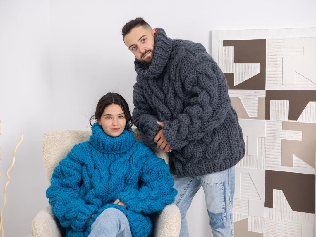 5-Strand Thick Blue Wool Sweater – Huge Chunky Knit Woolen Pullover T1666