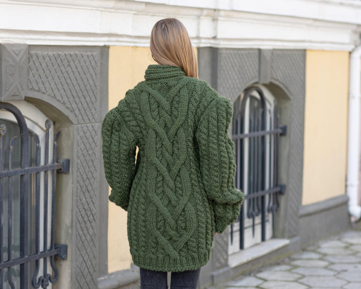 Green Cable Knit Sweater, Hand Knitted 100% Wool Jumper, V-Neck Chunky Pullover T1028