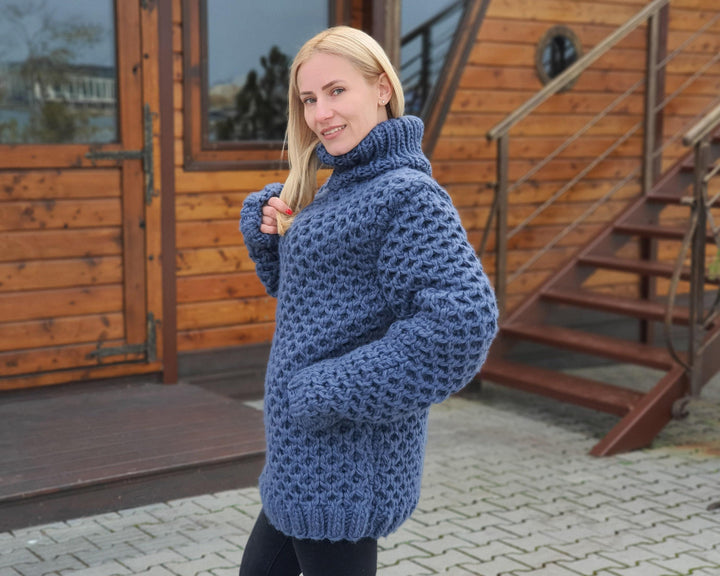 Eco Wool Sweater, Hand Knitted Honeycomb Wool Jumper, Natural Fiber Chunky Pullover T923
