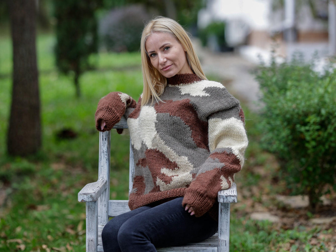 Wool Sweater Camouflage Pattern, Hand Knitted 100% Wool Pullover T1150
