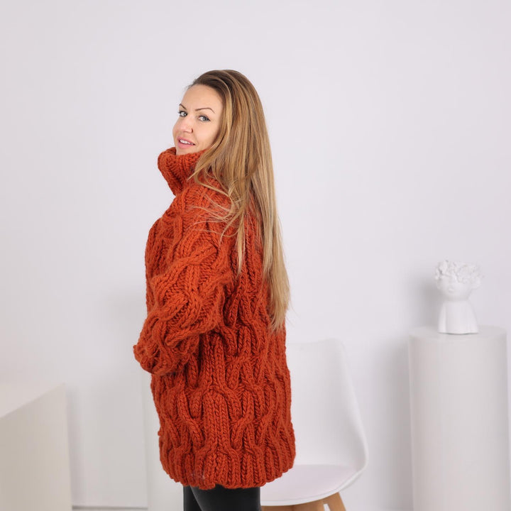 Chunky Cable Knit Wool Sweater, Hand Knitted 100% Wool Turtleneck Pullover, T1786