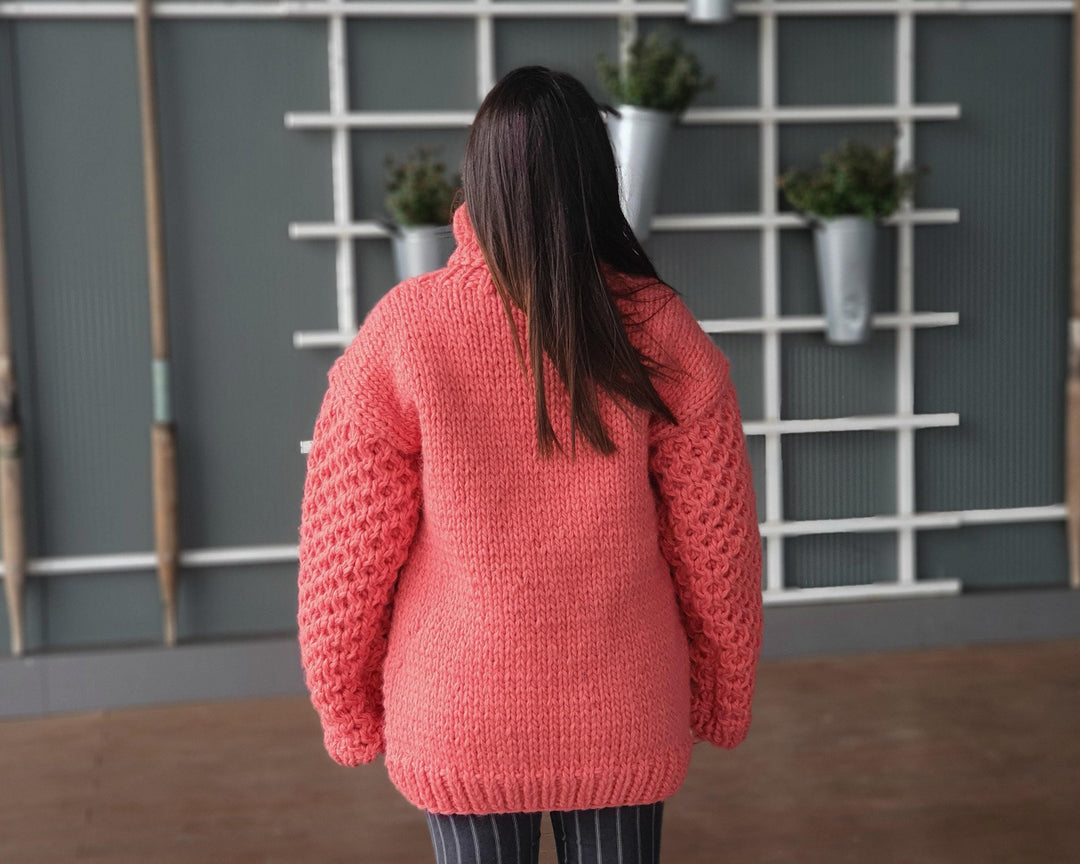 Salmon Pink Wool Sweater, Hand Knitted Honeycomb Jumper, Chunky 100% Wool Pullover T937