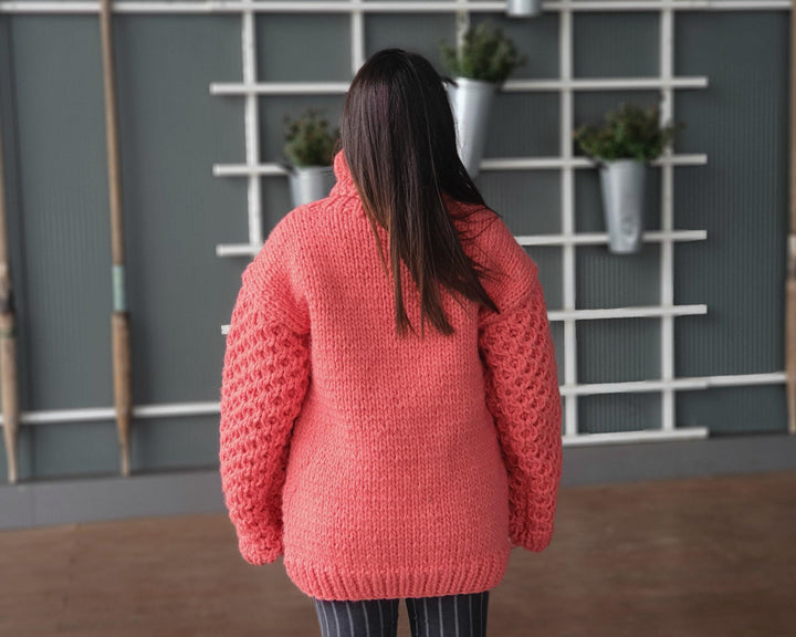 Salmon Pink Wool Sweater, Hand Knitted Honeycomb Jumper, Chunky 100% Wool Pullover T937