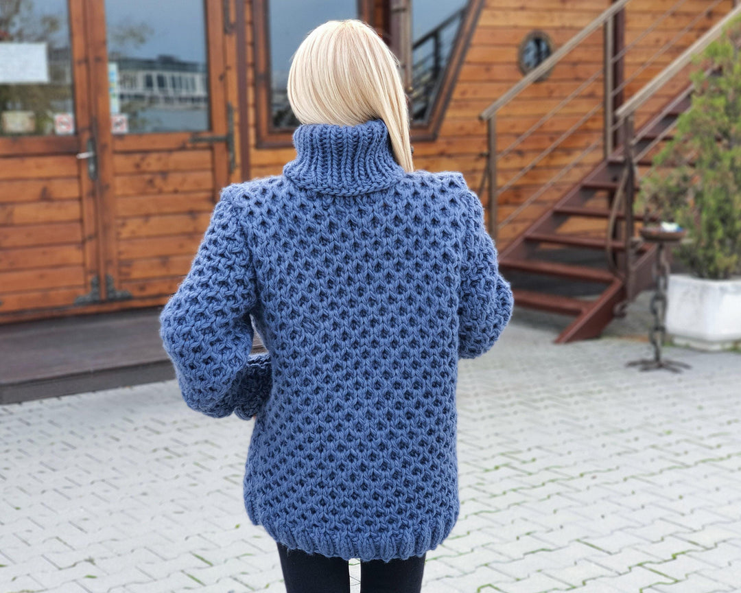 Eco Wool Sweater, Hand Knitted Honeycomb Wool Jumper, Natural Fiber Chunky Pullover T923