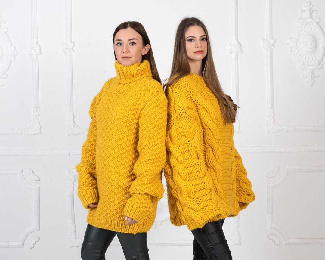 Yellow Cable Knit Wool Sweater – Hand-Knitted 100% Wool Pullover T961