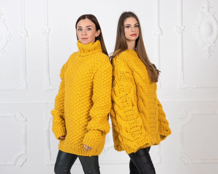 Yellow Cable Knit Wool Sweater – Hand-Knitted 100% Wool Pullover T961