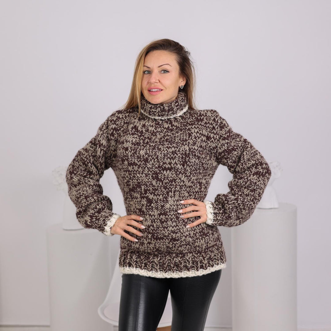 Wool Sweater Melange Turtleneck, Hand Knitted 100% Wool Chunky Pullover T1784