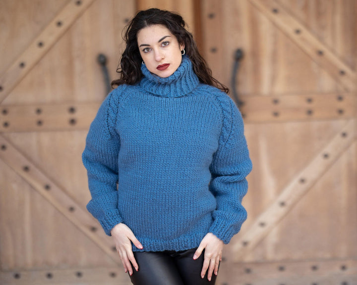 Wool Sweater Blue Chunky Knit, Hand Knitted 2-Strand 100% Wool Pullover T1353