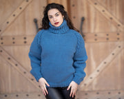 Chandail de laine bleu tricot torsadé épais, tricoté à la main double fil 100% laine Pull T1353