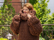 10-fädig dicker Wollpullover – Handgestrickter brauner Oversized-Pullover T1229