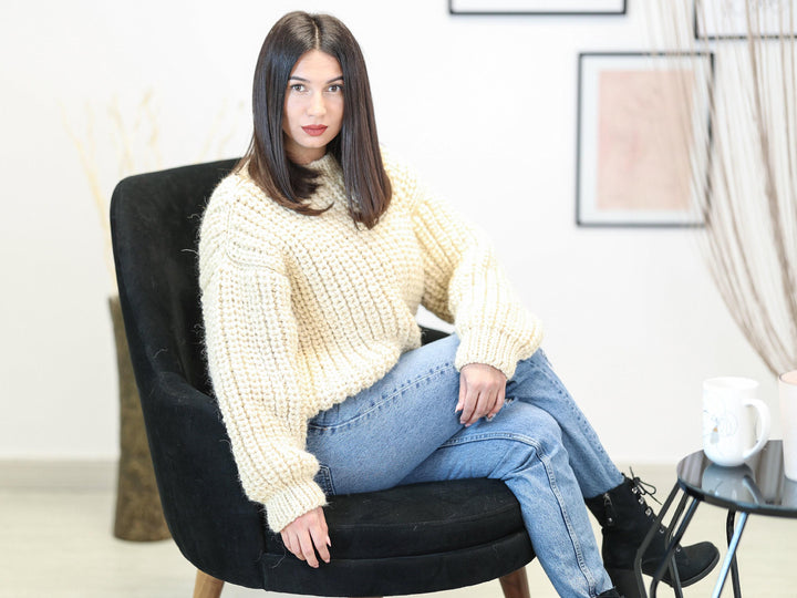 Wool Sweater Cream Fisherman Rib Knit, Hand Knitted Warm Wool Jumper T1165