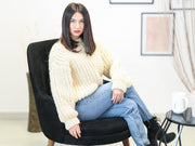 Pull en laine crème, tricot côtelé style marin, pull en laine chaud tricoté main T1165