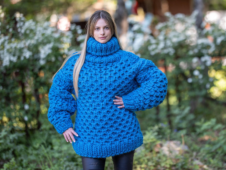 Blue Hand-Knitted Wool Sweater – Honeycomb Cable Turtleneck Pullover for Women T1199