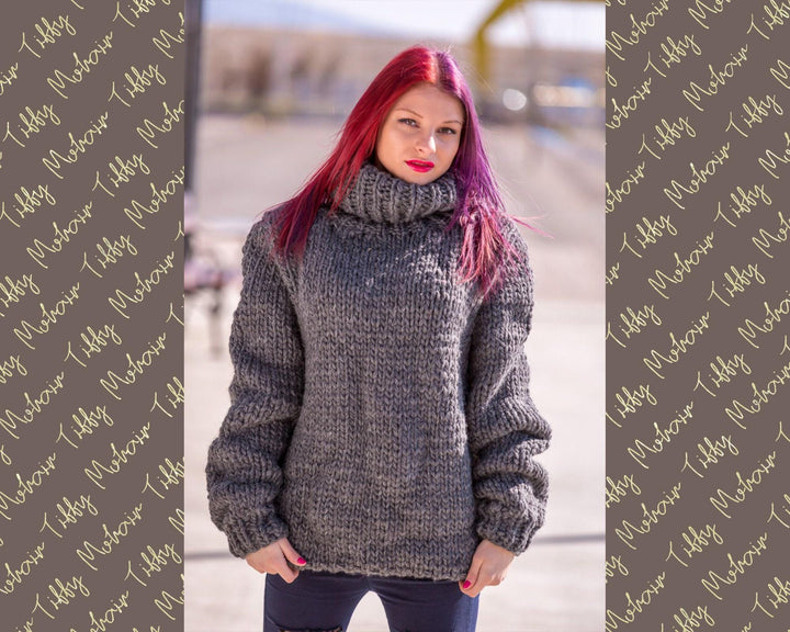 Wool Sweater Soft 100% Wool Turtleneck, Hand Knitted Chunky Pullover T509