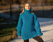 Wollpullover Blau Rollkragen, Handgestrickt 100% Wolle Pullover T1302