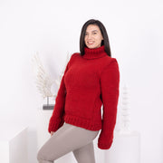 Pull en laine rouge tricot épais, tricoté main 100% laine T1592